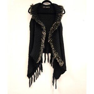 Mohair Wool Blend Y2K  Black Knit Fringe Vest Faux Fur Trim By Yag Couture ML Fo